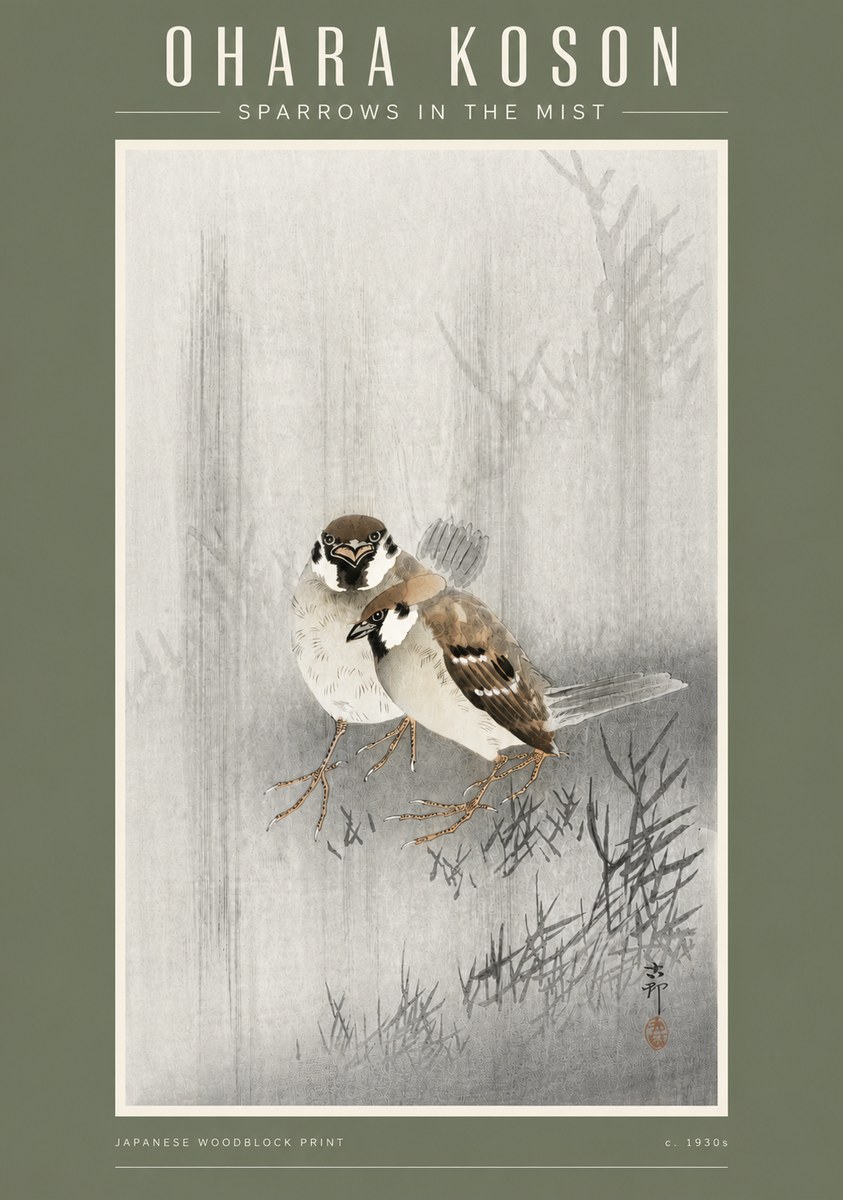 Ohara Koson Sparrows in the Mist No4 - Póster