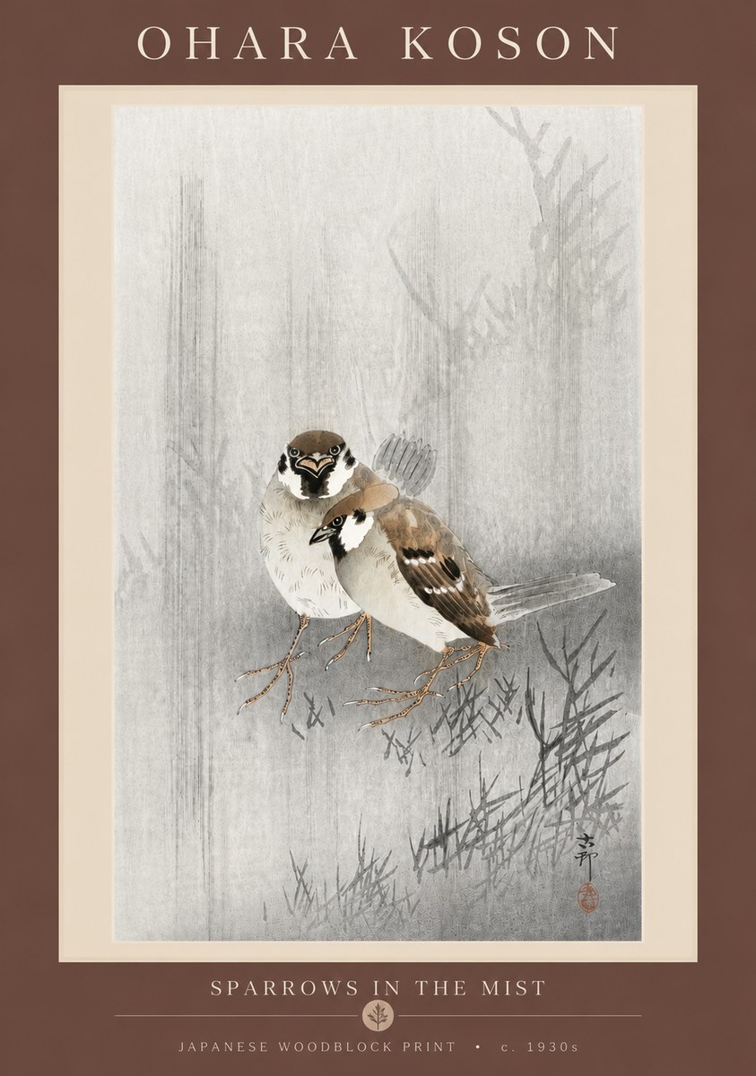 Ohara Koson Sparrows in the Mist No5 - Póster