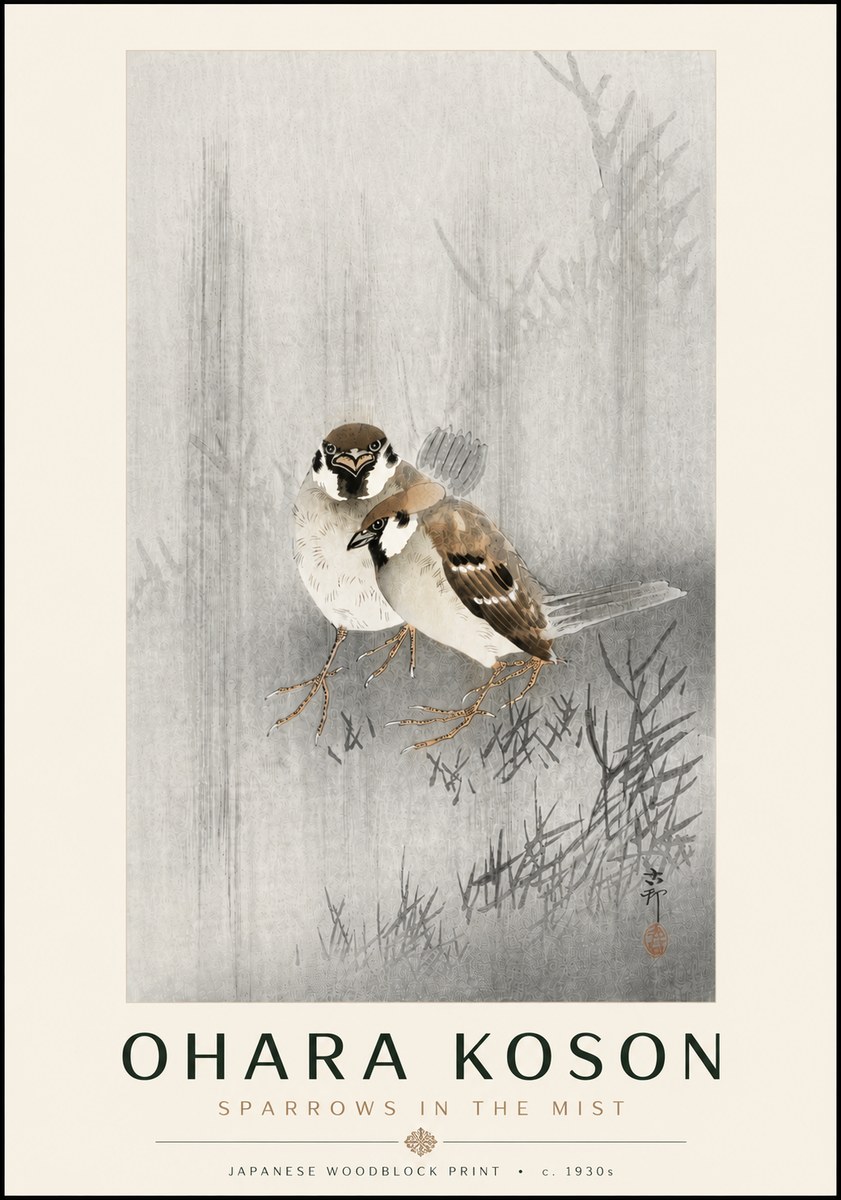 Ohara Koson Sparrows in the Mist No6 - Póster