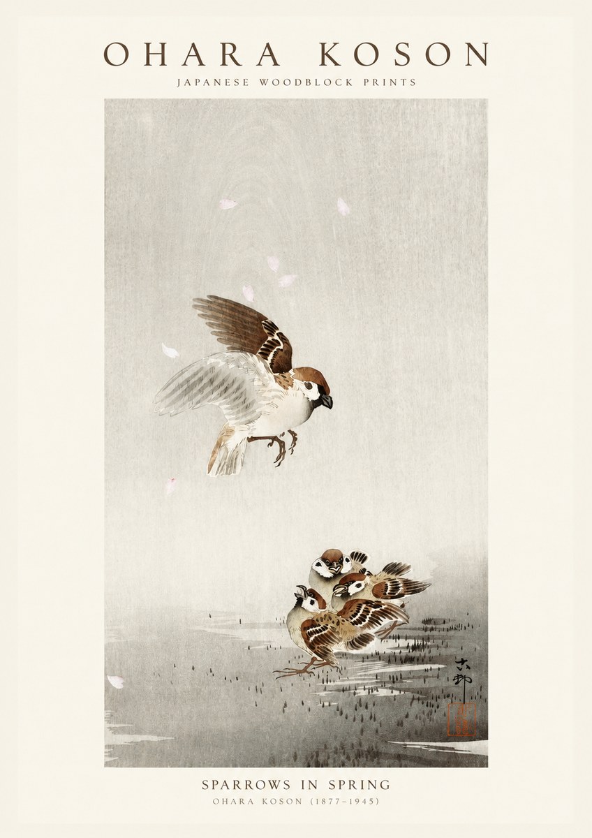 Ohara Koson Sparrows in Spring No1 - Póster