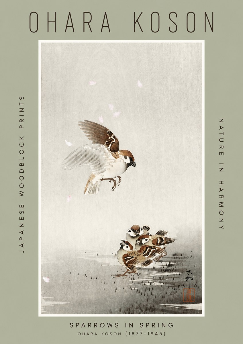 Ohara Koson Sparrows in Spring No2 - Póster