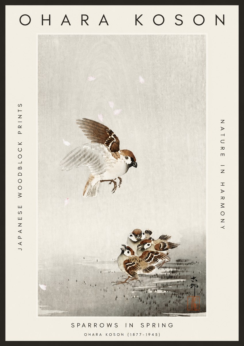 Ohara Koson Sparrows in Spring No3 - Póster