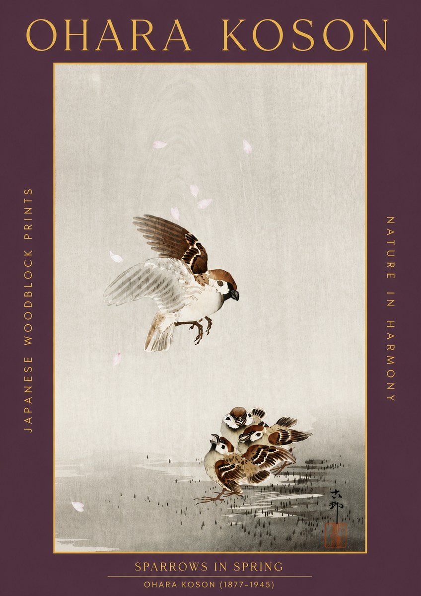 Ohara Koson Sparrows in Spring No5 - Póster