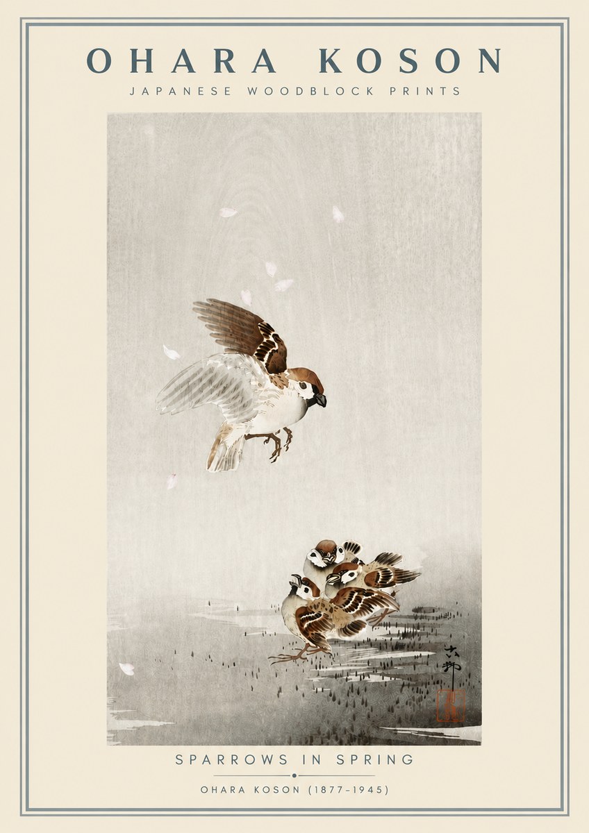 Ohara Koson Sparrows in Spring No6 - Póster