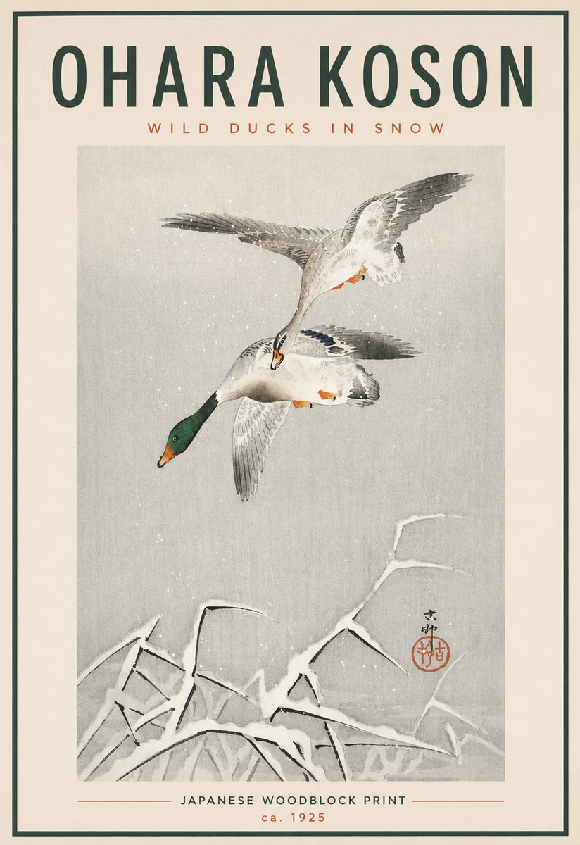 Ohara Koson Wild Ducks in Snow No4 - Póster