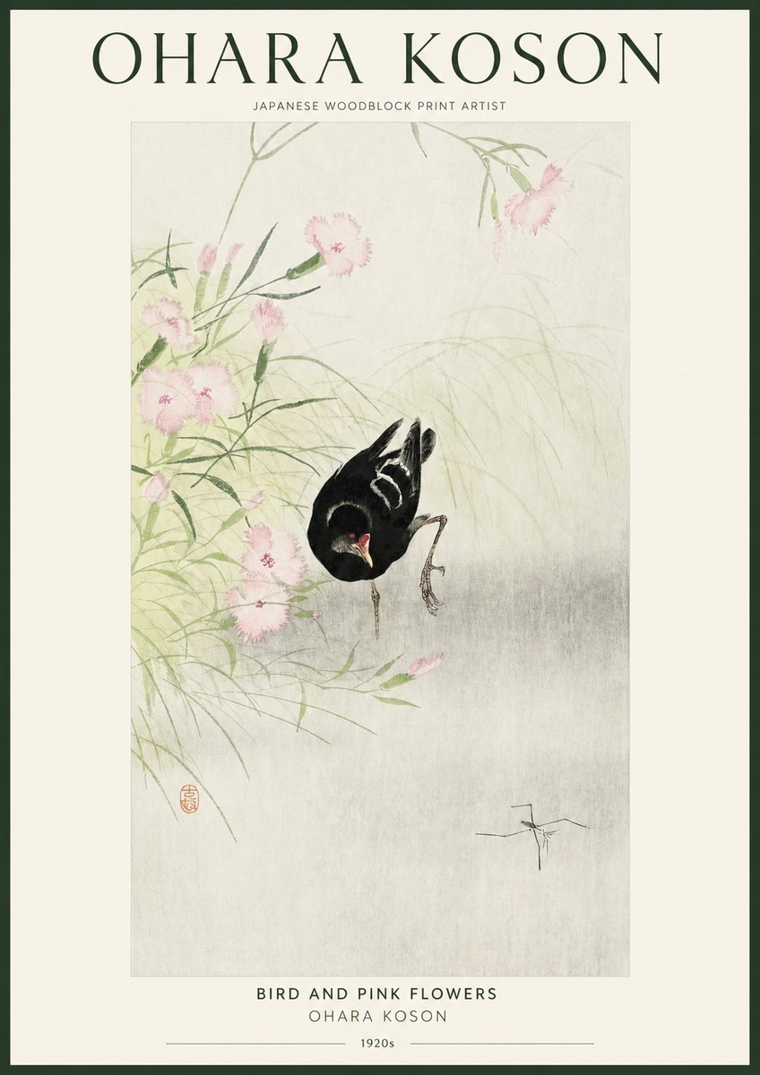 Ohara Koson Bird and Pink Flowers No1 - Póster