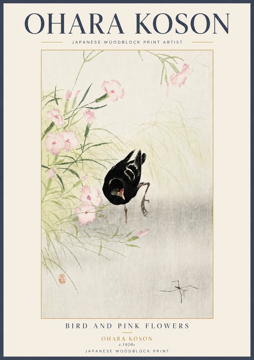 Ohara Koson Bird and Pink Flowers No3 - Póster