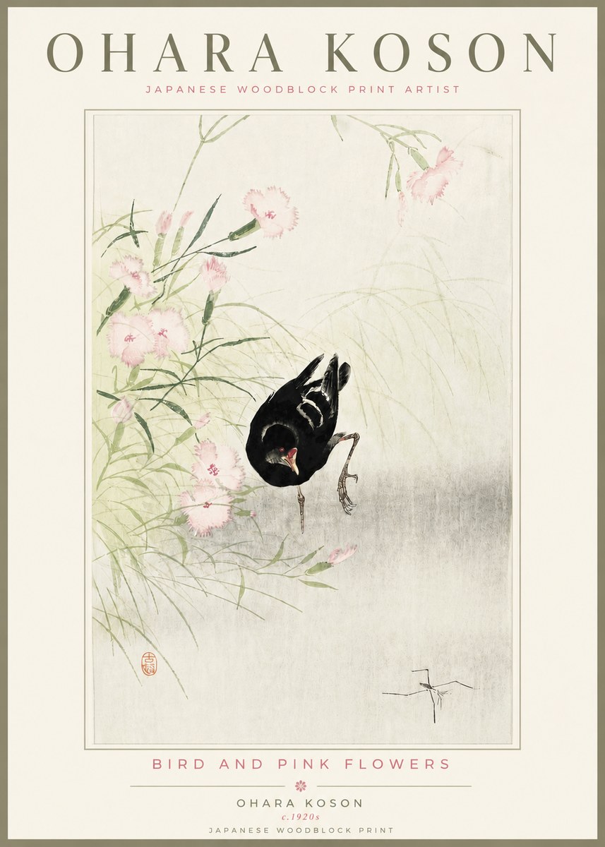 Ohara Koson Bird and Pink Flowers No4 - Póster