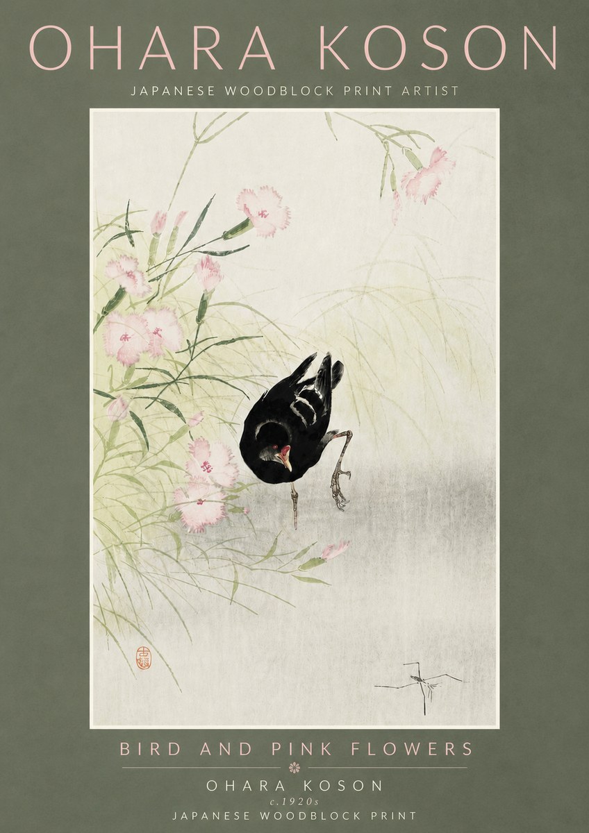Ohara Koson Bird and Pink Flowers No5 - Póster