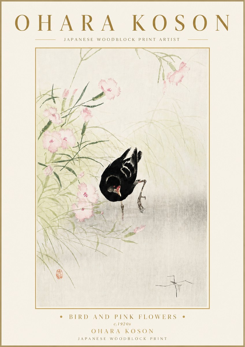 Ohara Koson Bird and Pink Flowers No6 - Póster