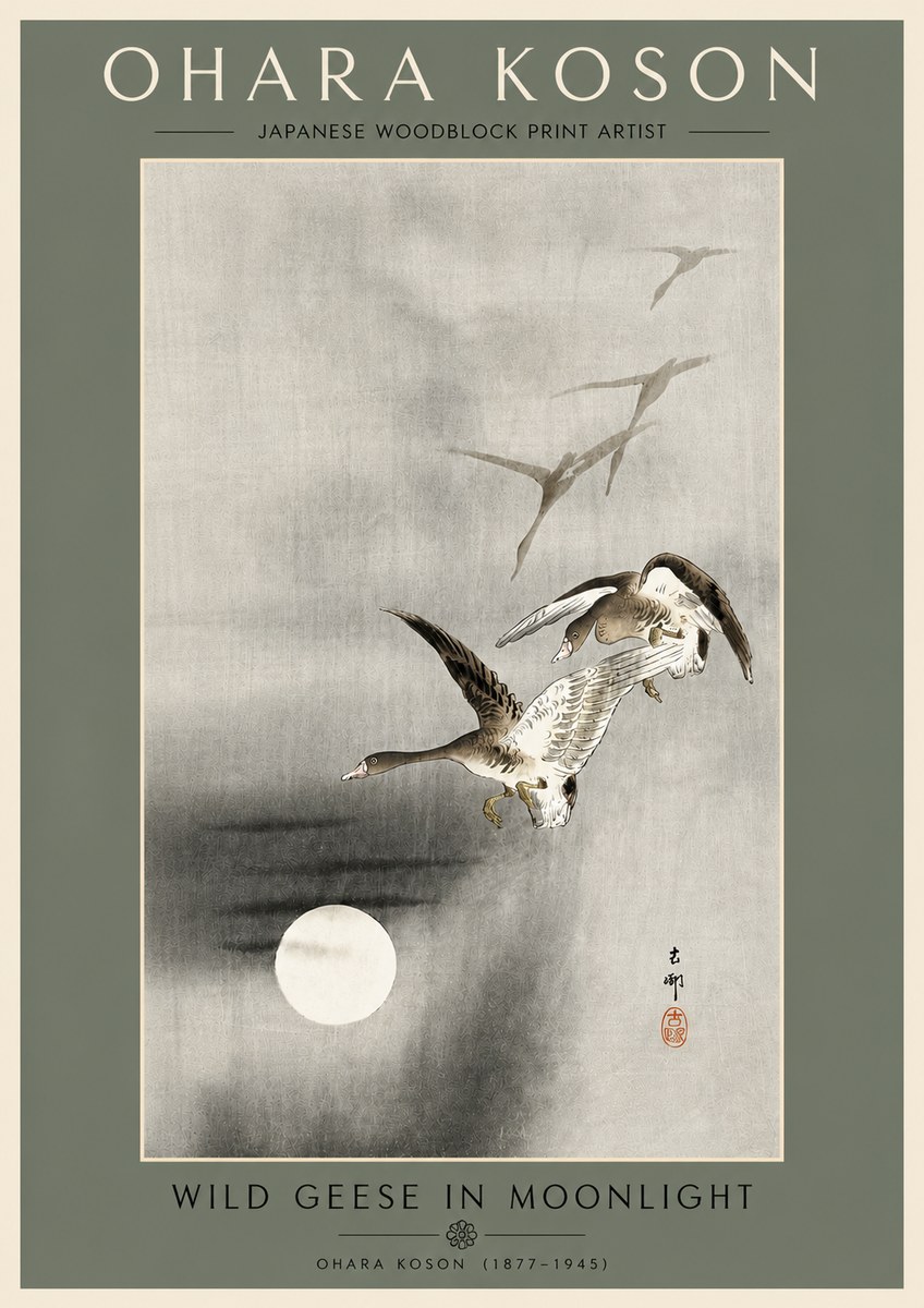 Ohara Koson Wild Geese in Moonlight II No4 - Póster