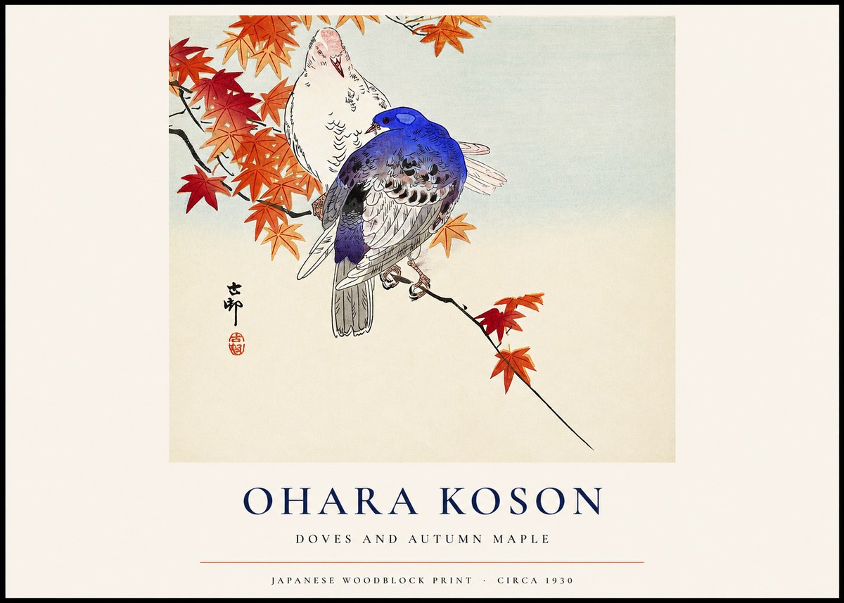 Ohara Koson Doves and Autumn Maple No1 - Póster