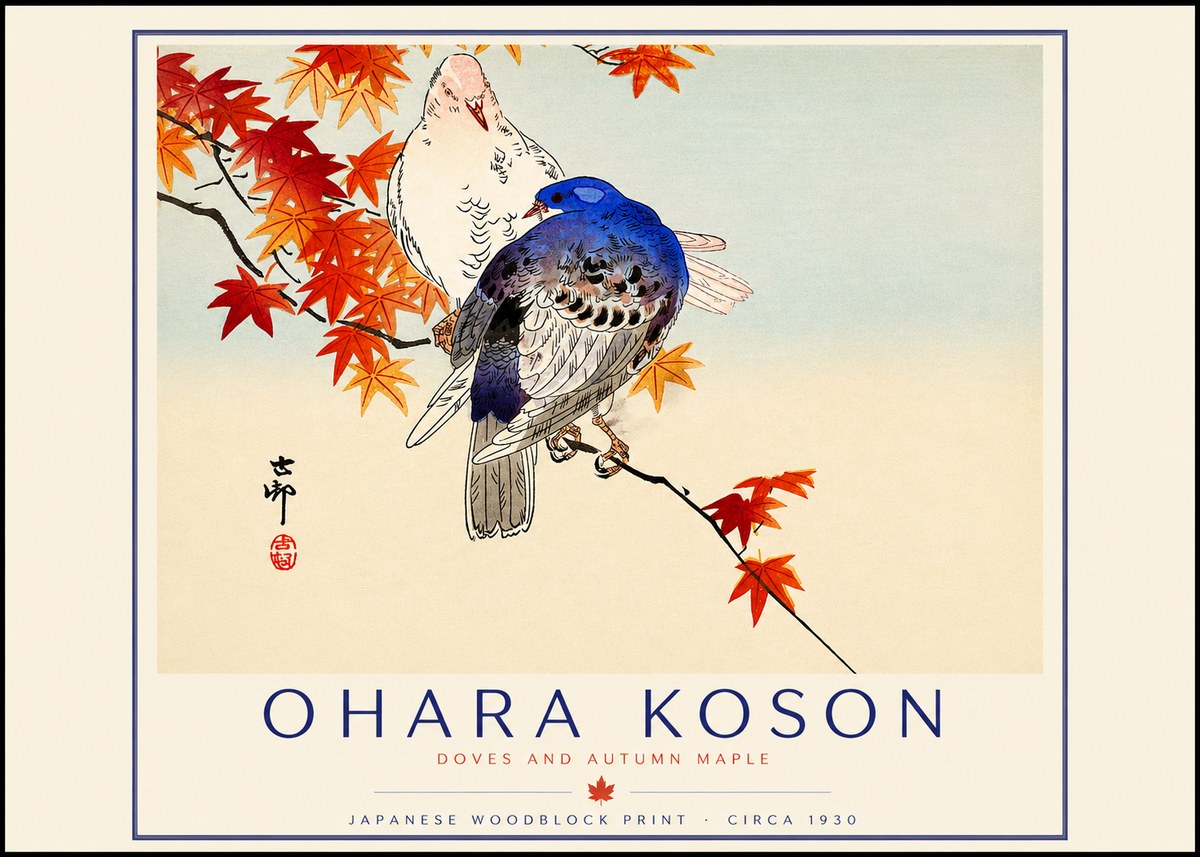 Ohara Koson Doves and Autumn Maple No2 - Póster