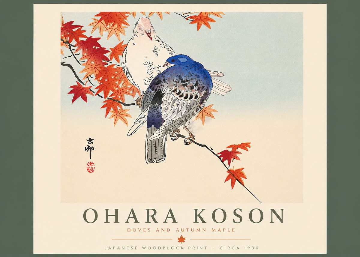 Ohara Koson Doves and Autumn Maple No4 - Póster