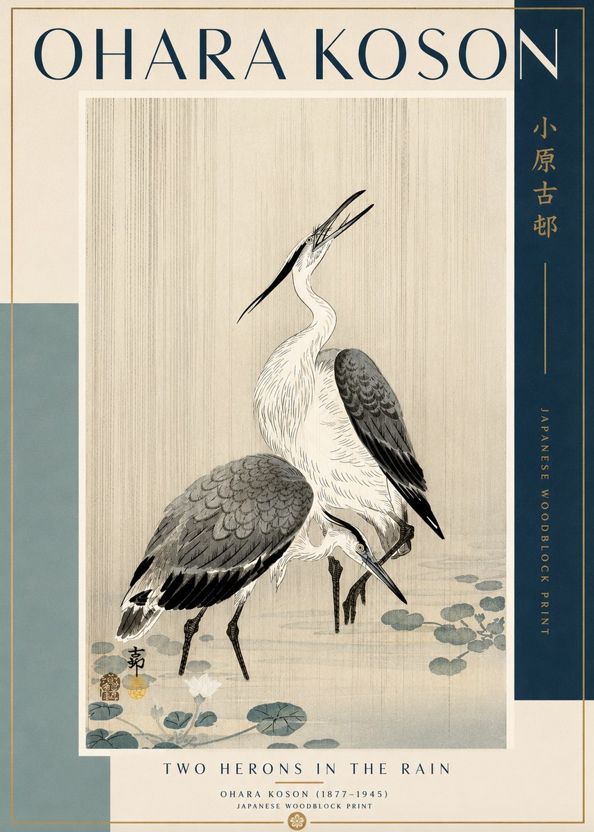 Ohara Koson Two Herons in the Rain No2 - Póster