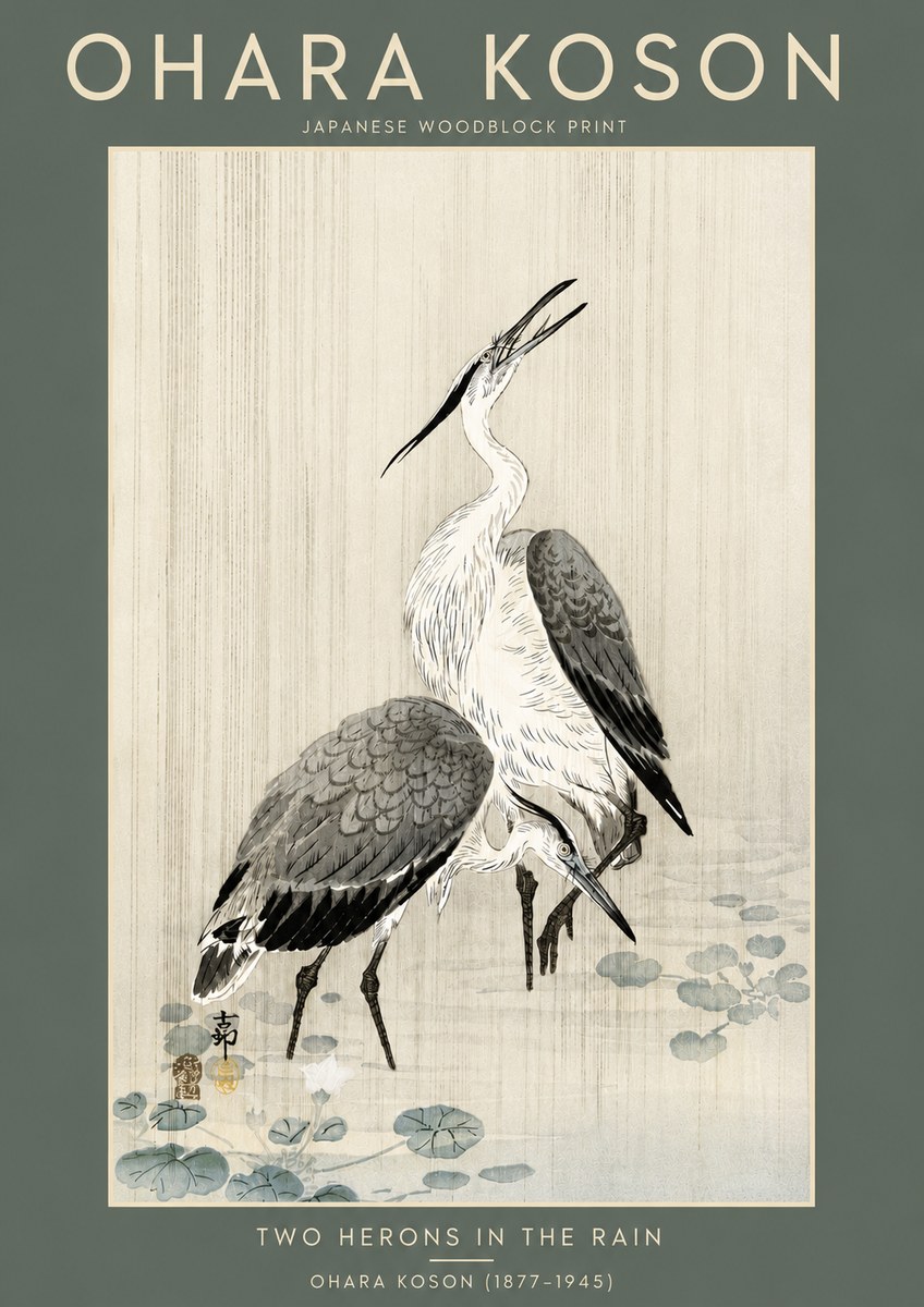 Ohara Koson Two Herons in the Rain No5 - Póster