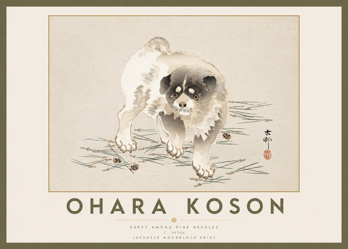 Ohara Koson Puppy Among Pine Needles No2 - Póster
