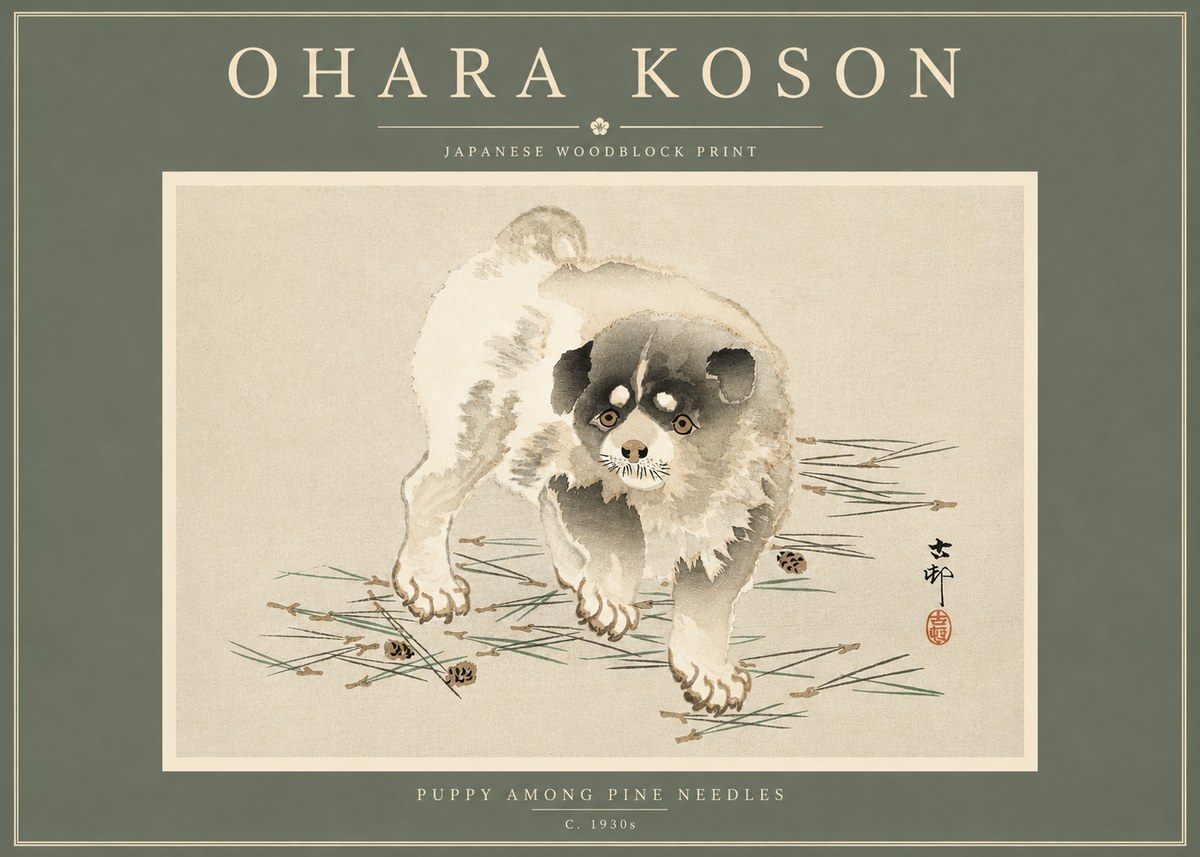 Ohara Koson Puppy Among Pine Needles No4 - Póster