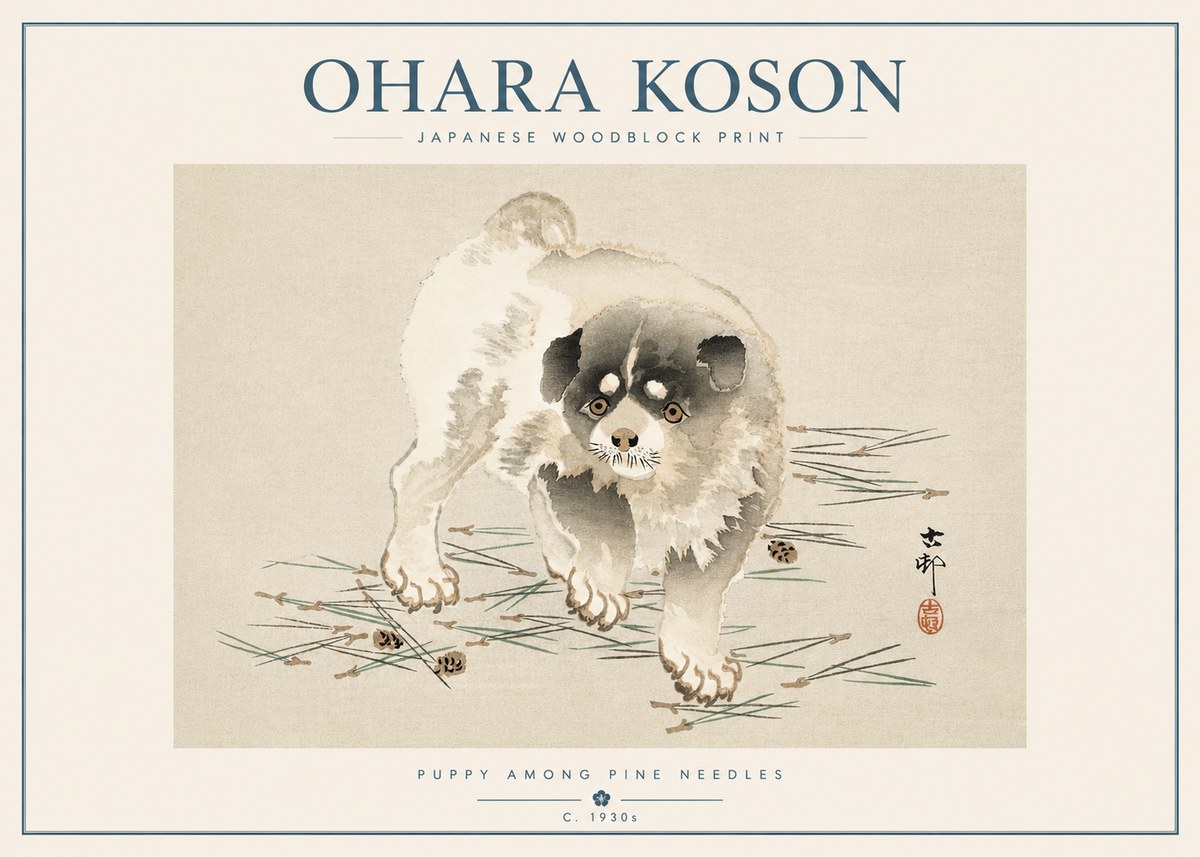 Ohara Koson Puppy Among Pine Needles No5 - Póster
