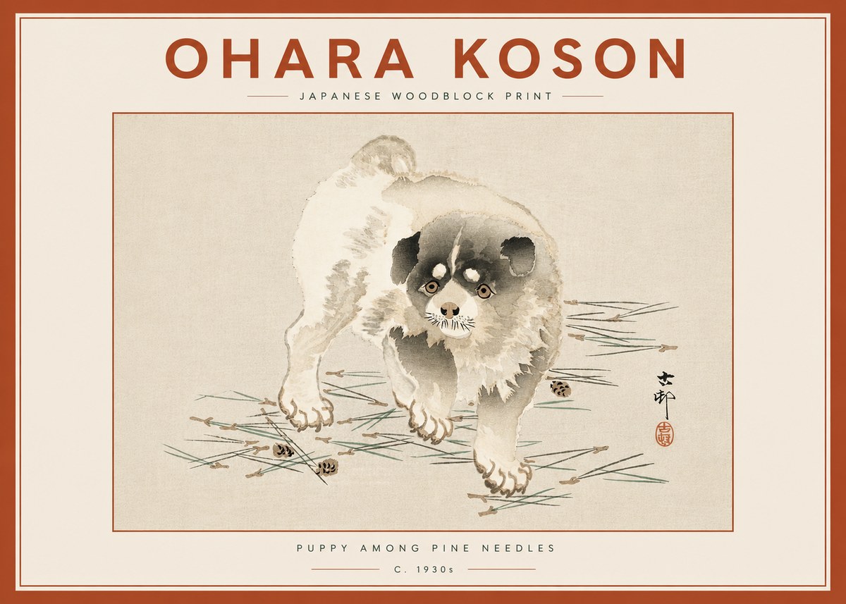 Ohara Koson Puppy Among Pine Needles No6 - Póster