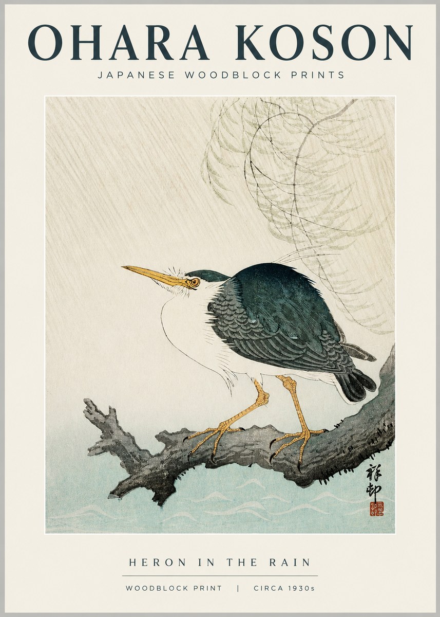 Ohara Koson Heron in the Rain No1 - Póster
