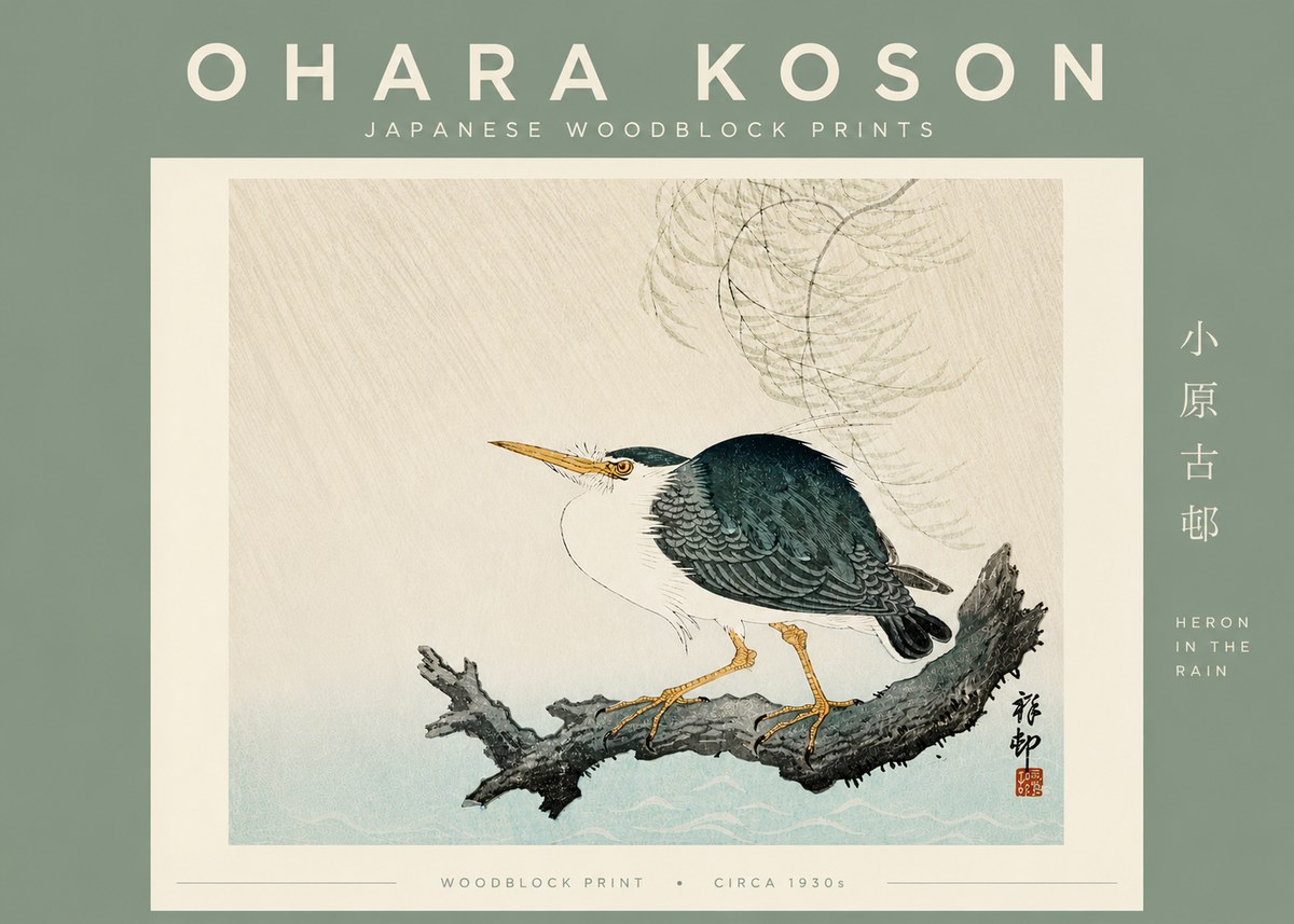 Ohara Koson Heron in the Rain No6 - Póster