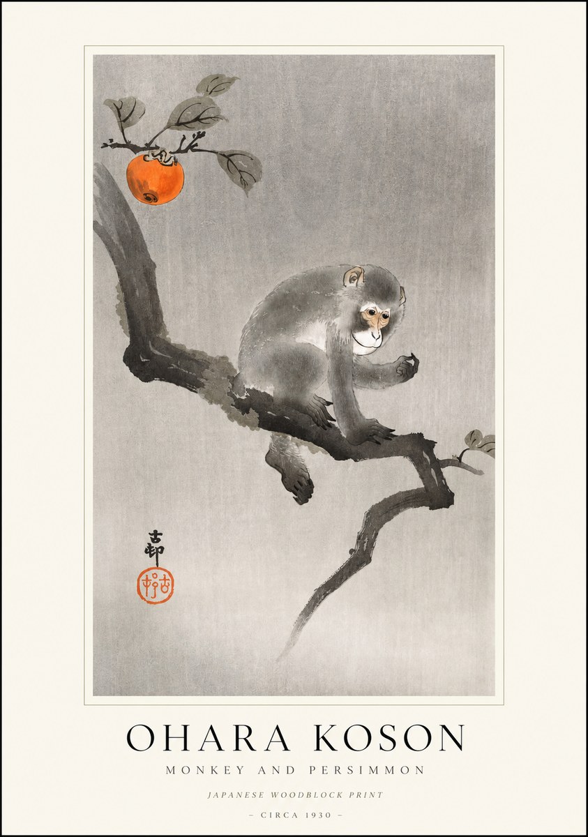 Ohara Koson Monkey and Persimmon No1 - Póster