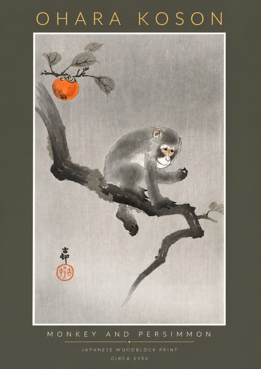 Ohara Koson Monkey and Persimmon No2 - Póster