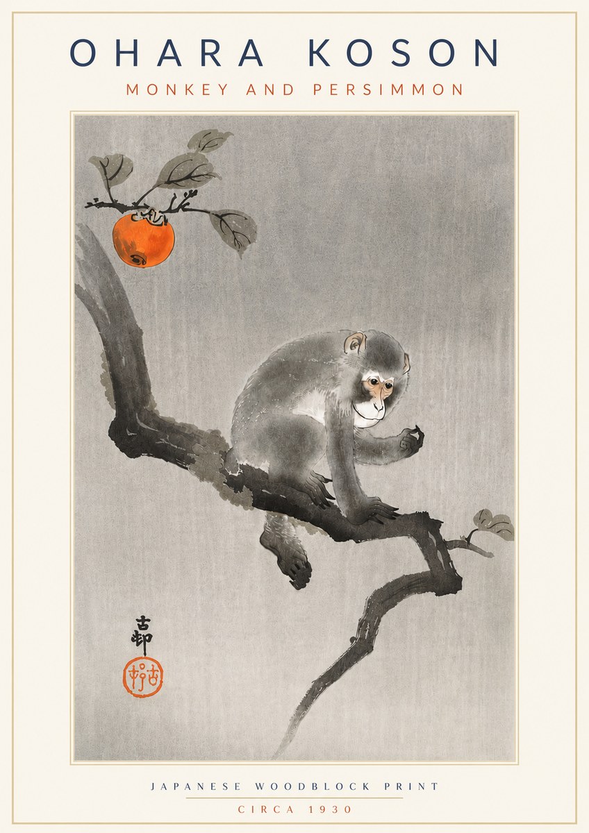 Ohara Koson Monkey and Persimmon No4 - Póster