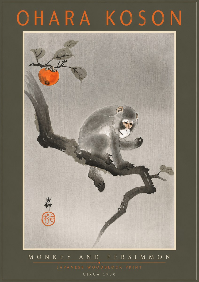 Ohara Koson Monkey and Persimmon No5 - Póster