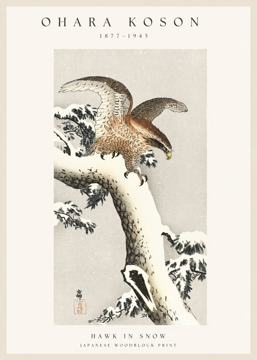 Ohara Koson Hawk in Snow No1 - Póster