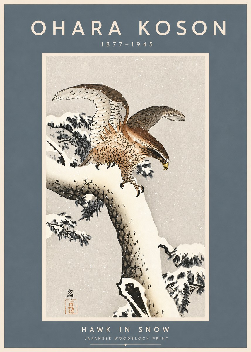 Ohara Koson Hawk in Snow No3 - Póster