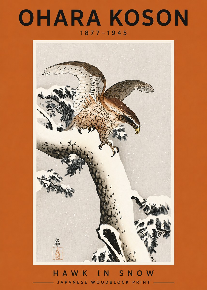 Ohara Koson Hawk in Snow No4 - Póster