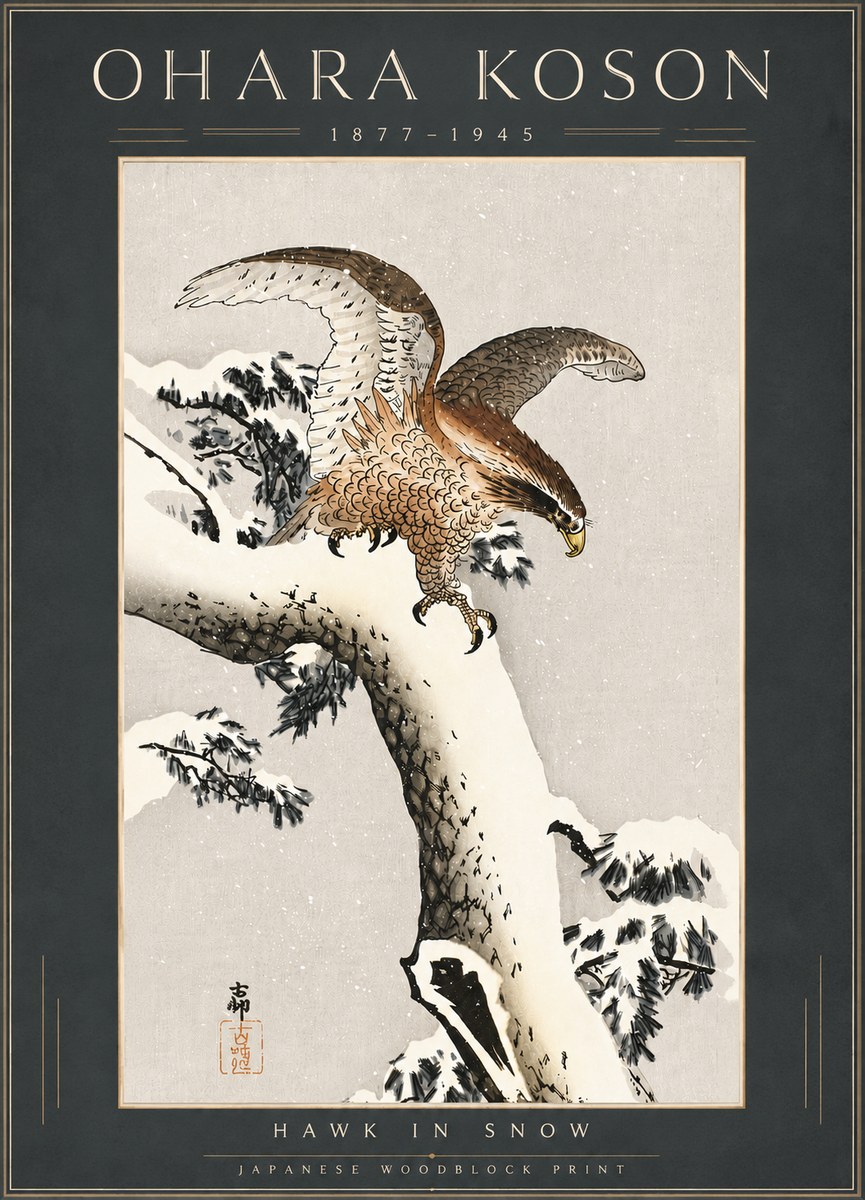 Ohara Koson Hawk in Snow No6 - Póster