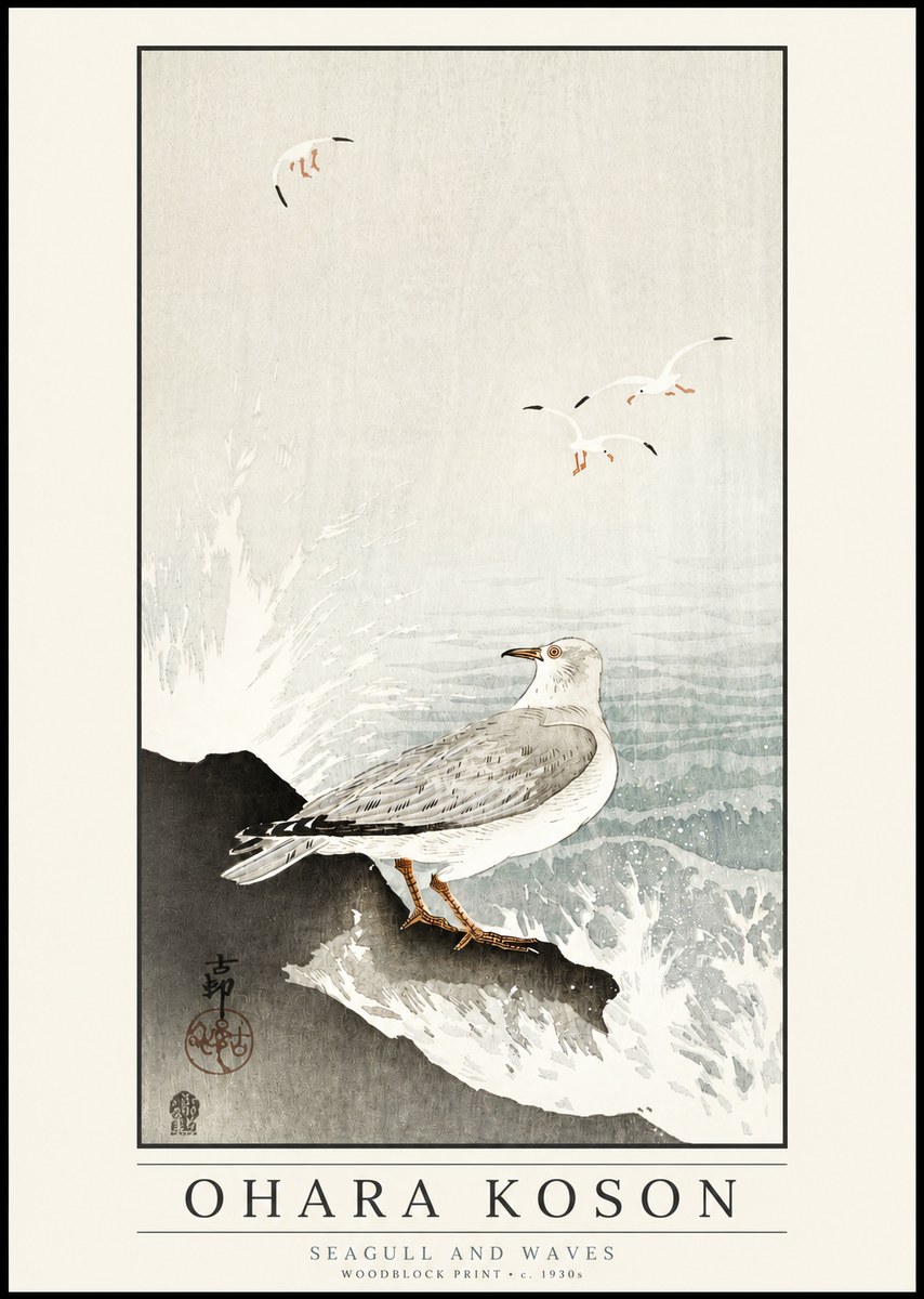 Ohara Koson Seagull and Waves No3 - Póster