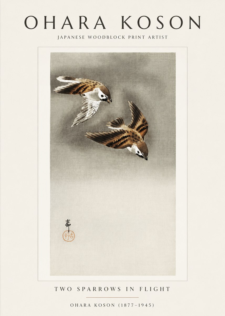 Ohara Koson Two Sparrows in Flight No1 - Póster