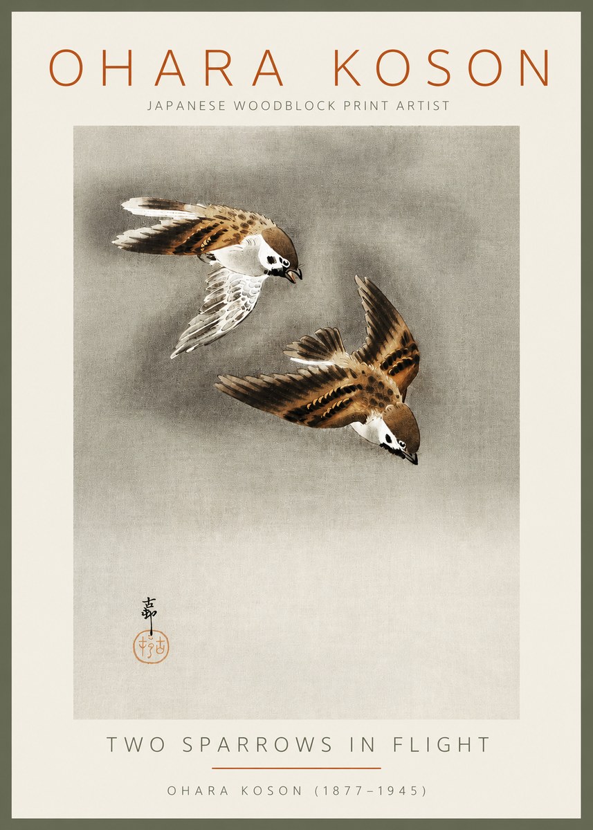 Ohara Koson Two Sparrows in Flight No2 - Póster
