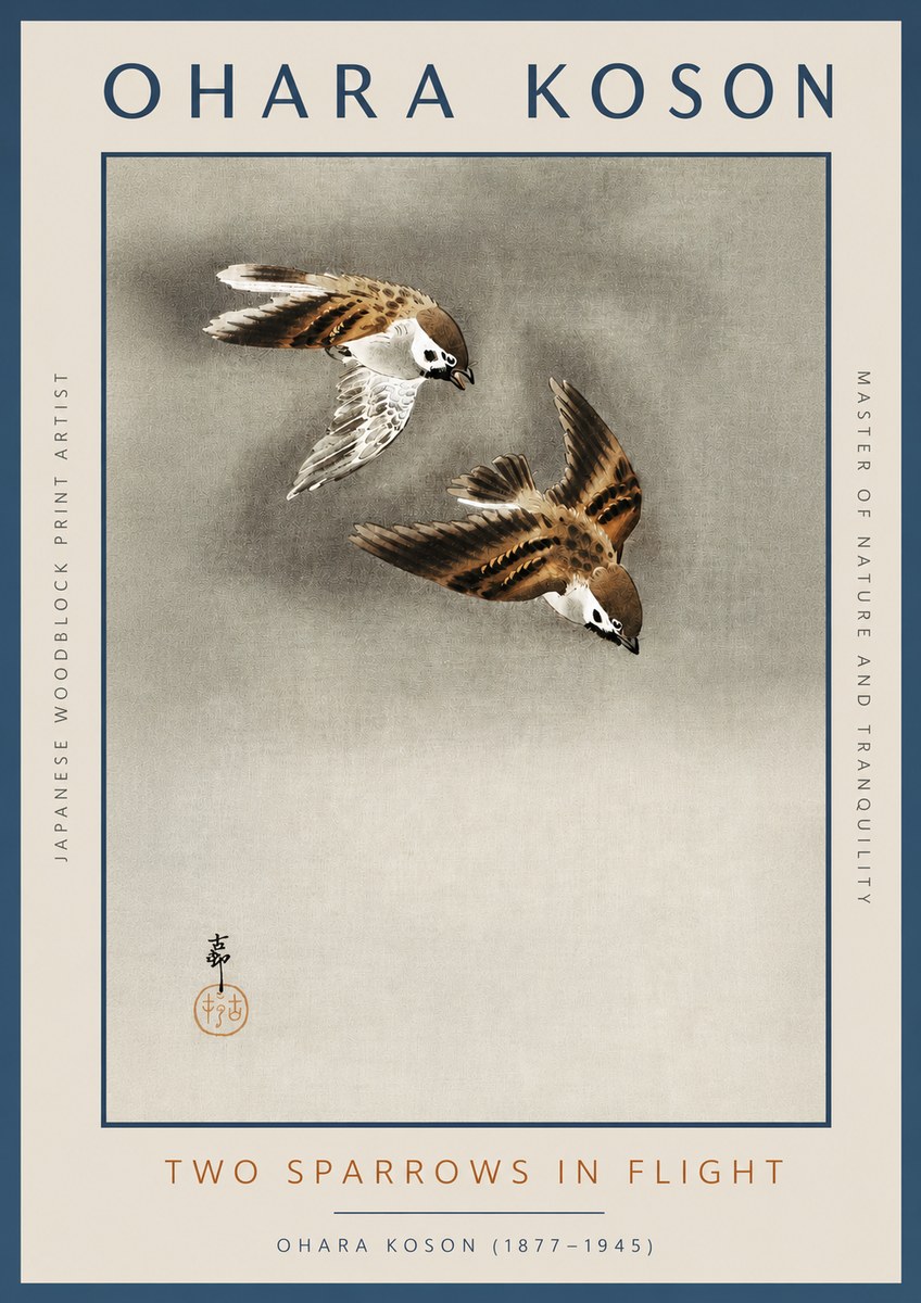 Ohara Koson Two Sparrows in Flight No3 - Póster
