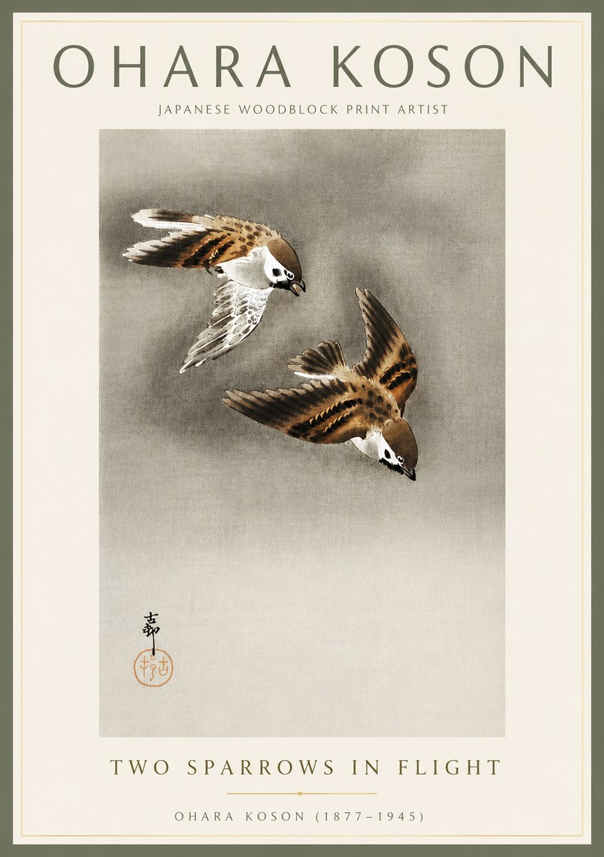 Ohara Koson Two Sparrows in Flight No4 - Póster