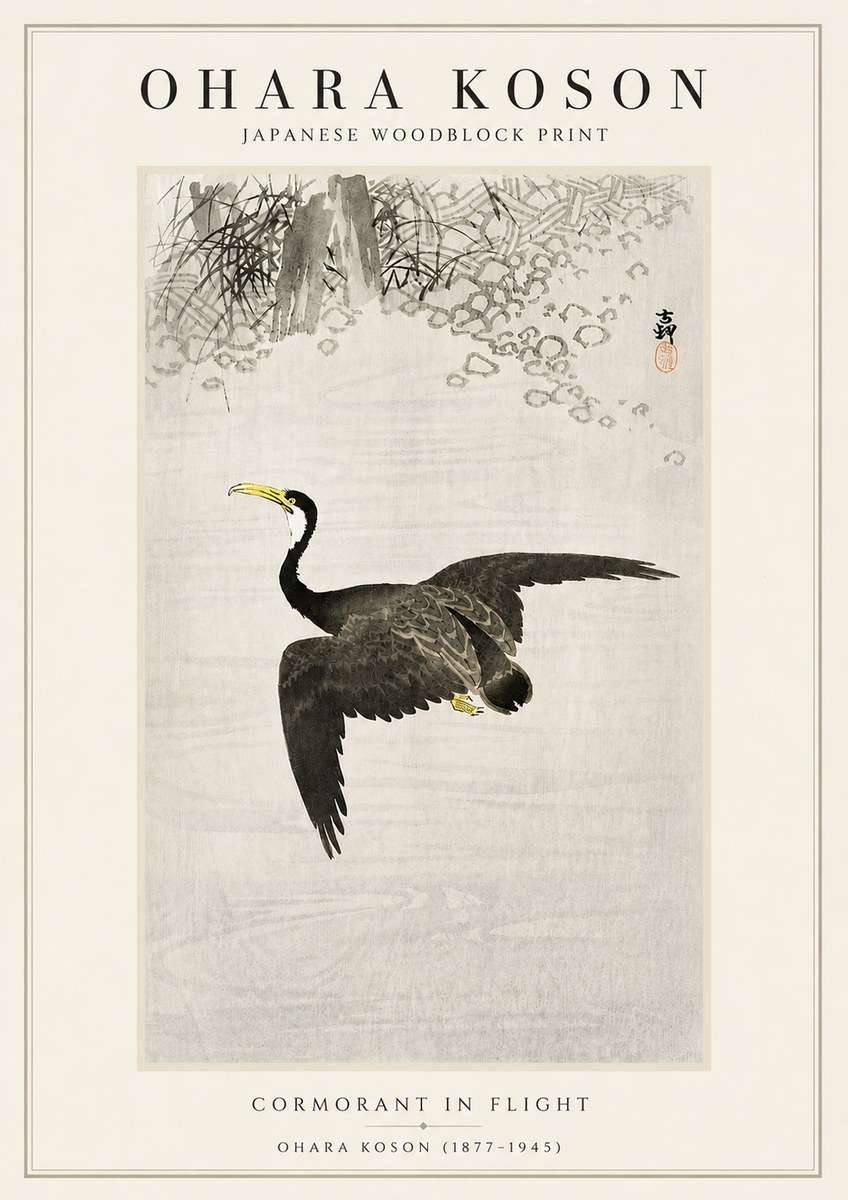 Ohara Koson Cormorant in Flight No5 - Póster