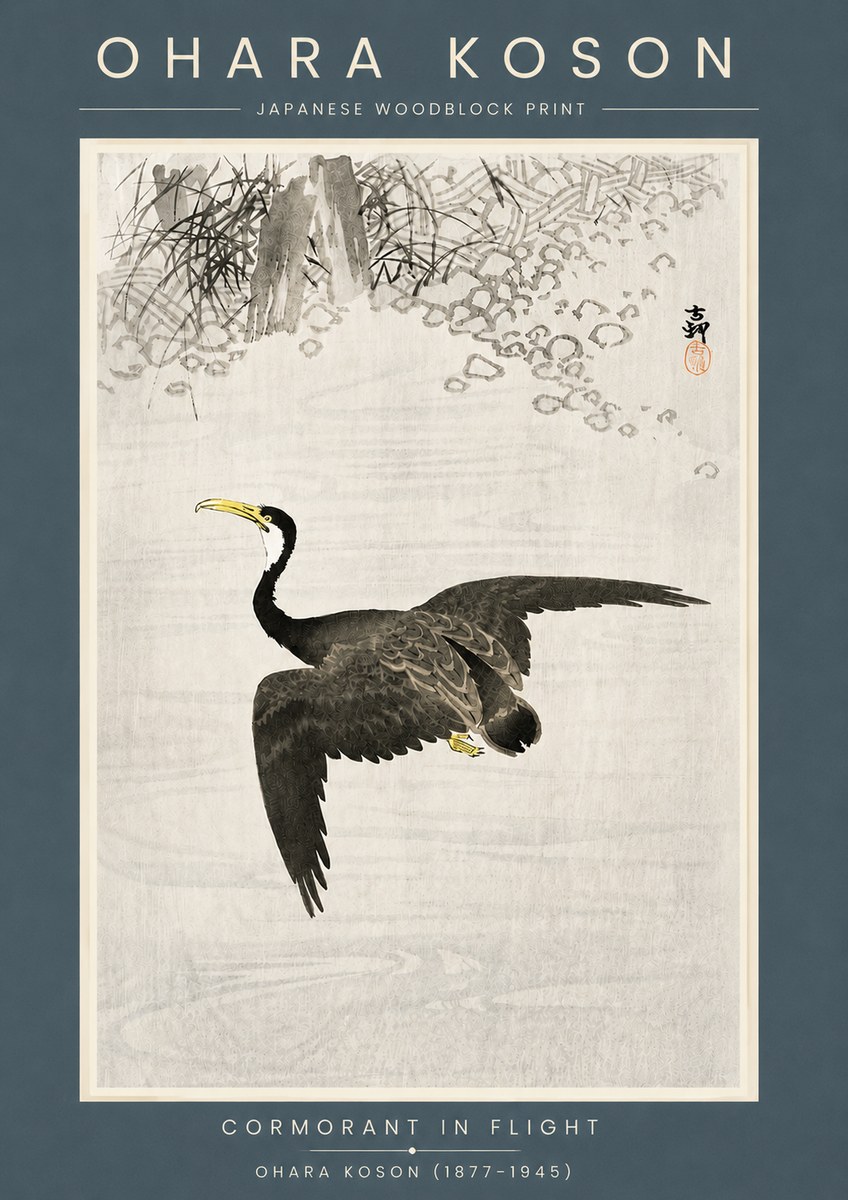 Ohara Koson Cormorant in Flight No6 - Póster