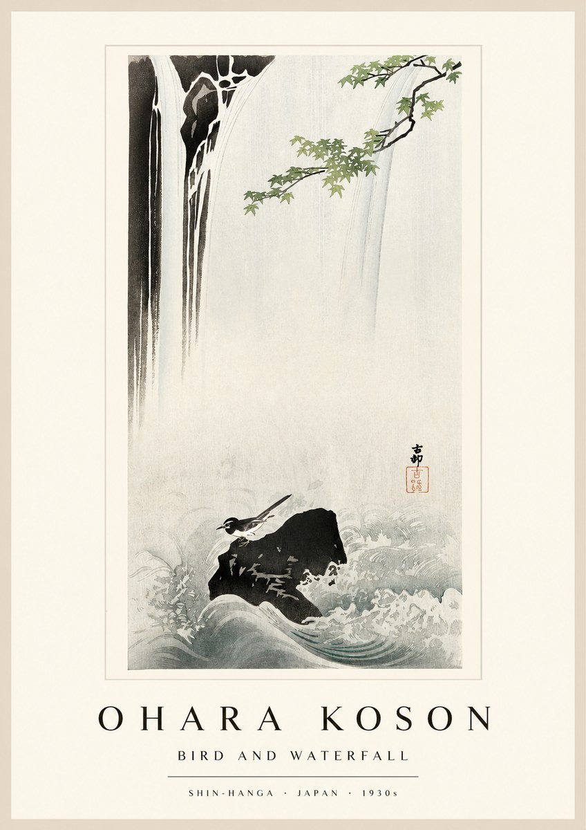 Ohara Koson Bird and Waterfall No1 - Póster