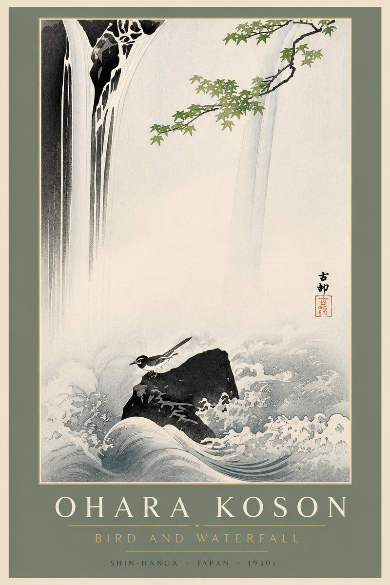 Ohara Koson Bird and Waterfall No2 - Póster