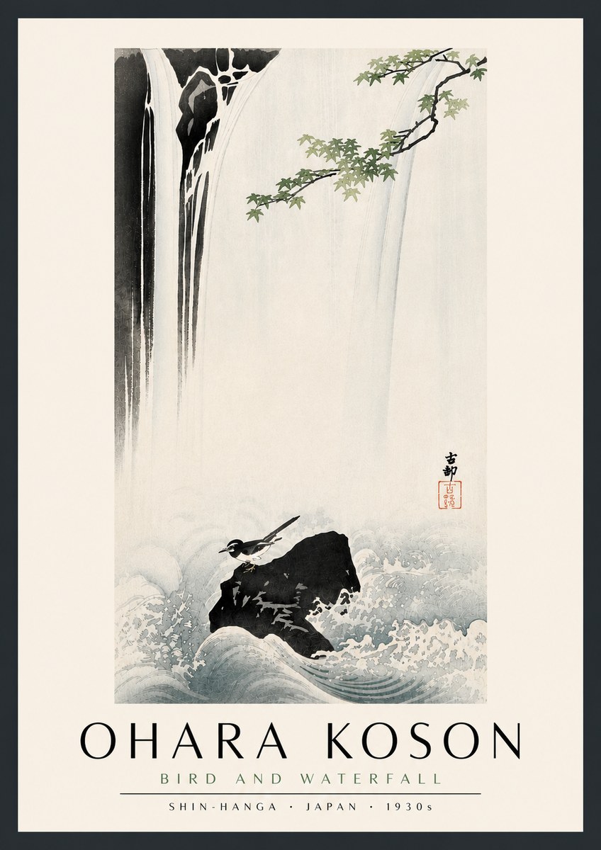 Ohara Koson Bird and Waterfall No5 - Póster