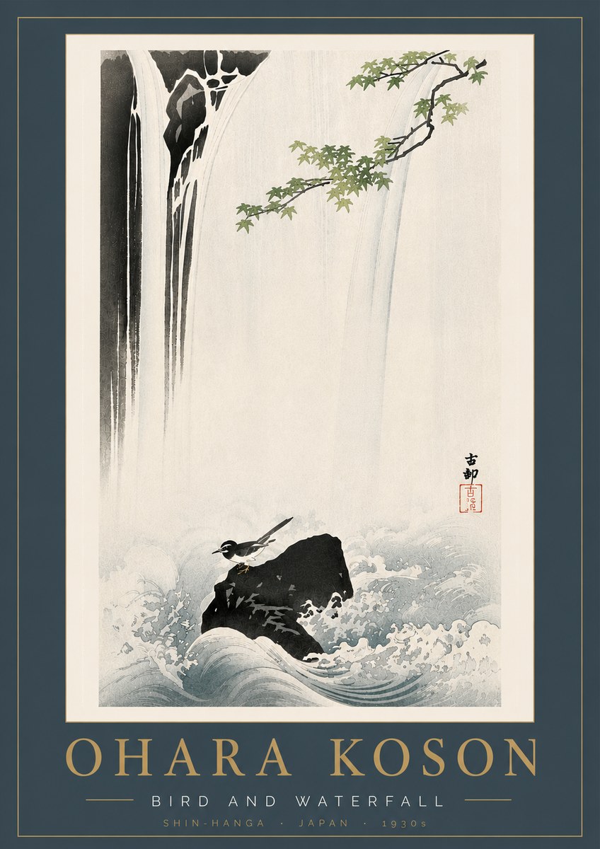 Ohara Koson Bird and Waterfall No6 - Póster
