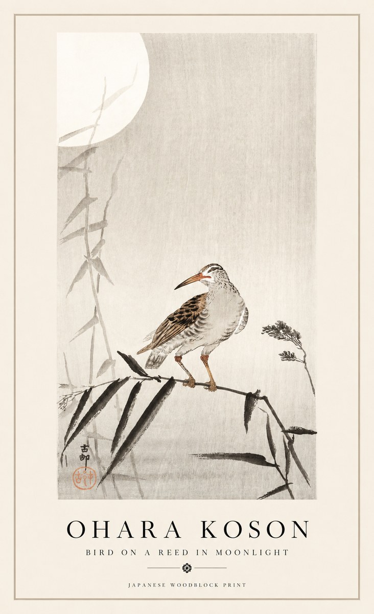 Ohara Koson Bird on a Reed in Moonlight No1 - Póster
