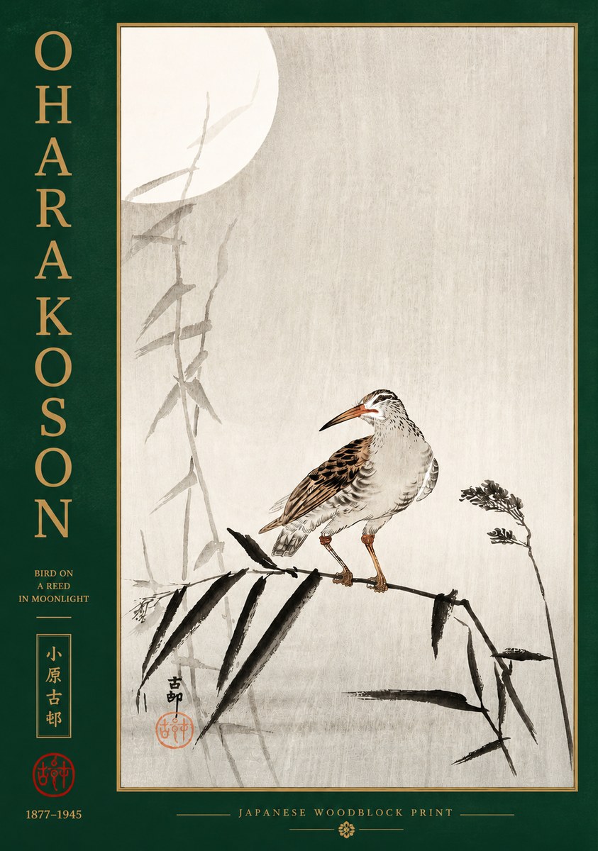 Ohara Koson Bird on a Reed in Moonlight No2 - Póster