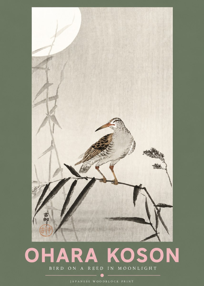 Ohara Koson Bird on a Reed in Moonlight No3 - Póster