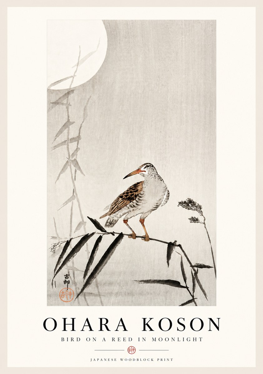 Ohara Koson Bird on a Reed in Moonlight No4 - Póster