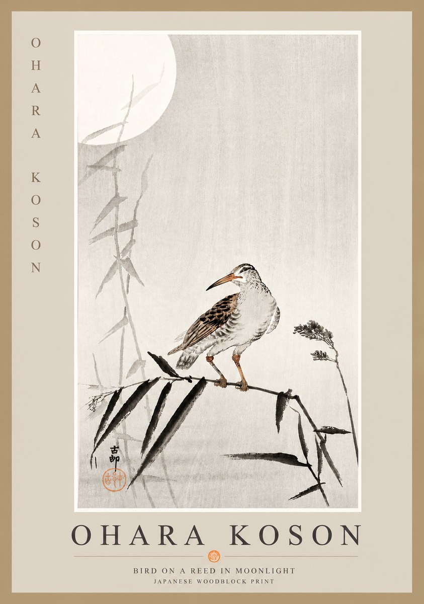 Ohara Koson Bird on a Reed in Moonlight No6 - Póster